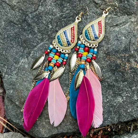 Feather Bohemian Statement Earrings - Picture 3 of 4